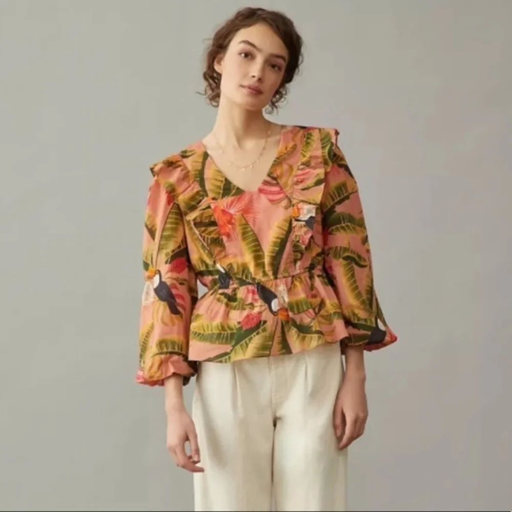 NWT Farm Rio Yasmine Ruffled Blouse Pink Combo Anthropologie Womens Top Tropical - Picture 14 of 14